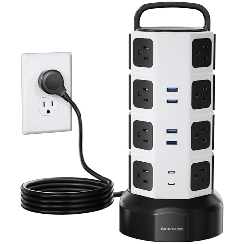 JACKYLED Power Strip Tower Surge Protector, 16 AC 6 USB (2 USB C), 1050J | 6.5Ft Retractable Extension Cord with Multiple Outlets, 1625W/13A Outlet Extender, USB Charging Station for Home Office Dorm - color: White Black, size: Large-6.5ft