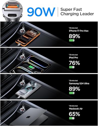 MRGLAS 2-Pack 90W USB C Car Charger, Super Mini Metal USB C Car Charger Fast Charging Adapter [PD+QC]&[Dual PD],Cigarette Lighter Compatible with iPhone 17 16 15 Pro Max iPad Air Samsung S25 Ultra - color: Black, size: [A+C, C+C]