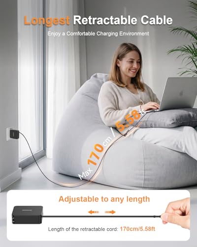 Retractable Laptop Charger, with USB C Fast Charging Cable，5 in 1 | 65W GaN Charger with Built-in 5.6ft Retractable USB-C Cable, 5 Ports, for MacBook, Laptops, iPhone 15-17, iPad, Samsung