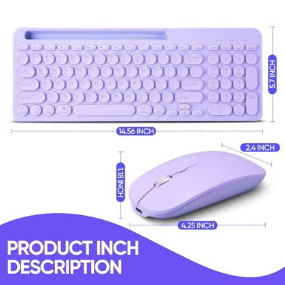 Wireless Keyboard and Mouse Combo with Phone Tablet Holder, Rechargeable Dual-Mode (Bluetooth 5.0 and 3.0 +2.4G) Multi-Device Silent Mouse for Windows, iPad, Tablet, MacOS,iOS,Android (Purple) - color: purple