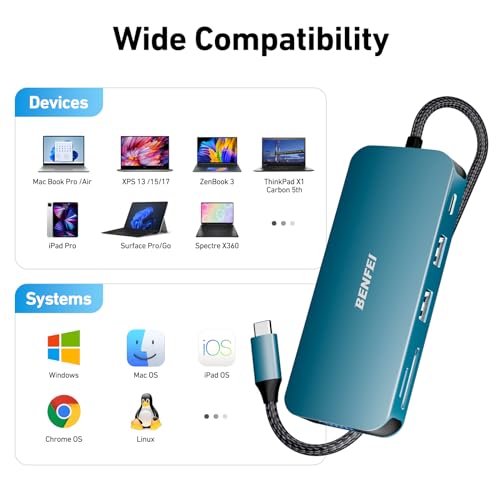 BENFEI 11-in-1 USB C Hub Triple Display Docking Station Dual HDMI, VGA, 3*USB 3.0, 1Gbps Ethernet, 100W Power Delivery, SD/TF Card Reader, 3.5mm AUX Audio Compatible with MacBook XPS Surface - color: Blue, size: 11-in-1