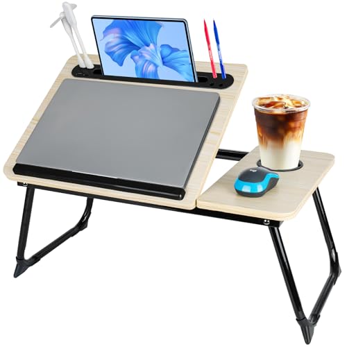 Laptop Bed Desk, Adjustable Lap Desk, Small Laptop Table with USB Charge Port, Desktop Card &Pen Slot, Cup Holder, Foldable Bed Tray Table for Couch Sofa Chair Floor Eating Working - color: Adjustable White