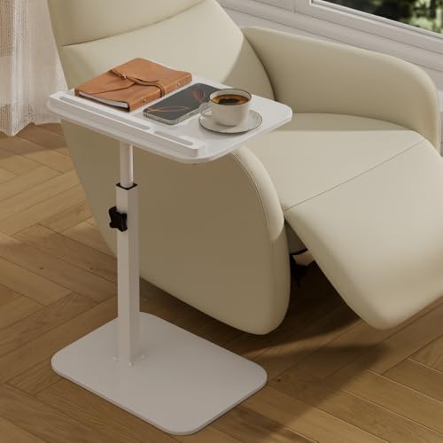 Adjustable Bamboo C-Shaped Side Table with 360° Swivel Top | Height-adjustable Bamboo Side Table Swivels 360° Beside a Couch, Bed or Chair for Working, Eating, Reading and Daily Use. - color: White