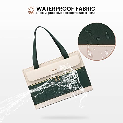 LOVEVOOK Laptop Tote for Women - 15.6 Inch Professional Leather Computer Briefcase with Waterproof Handbag Shoulder Bag Large Capacity Business Teacher Office Crossbody Purse - color: Dark Green/Beige-1, size: 15.6 Inch