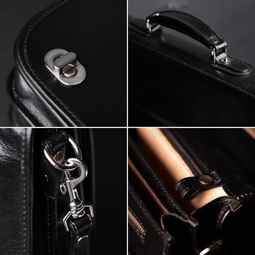 Time Resistance Leather Briefcase for Men - Italian Full Grain Leather Laptop Bag - Messenger Bag - Gift Box Included - color: Black