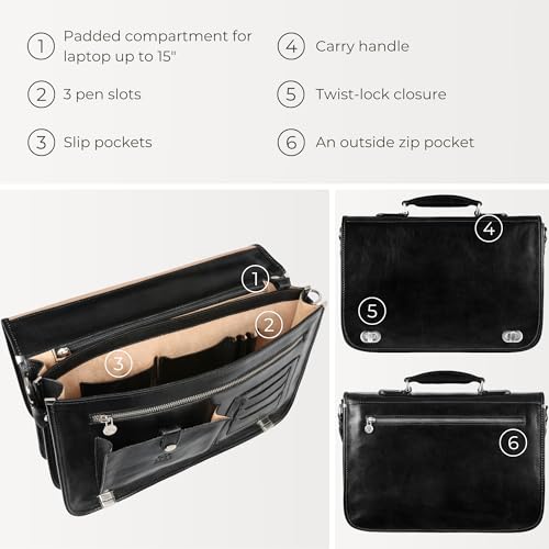 Time Resistance Leather Briefcase for Men - Italian Full Grain Leather Laptop Bag - Messenger Bag - Gift Box Included - color: Black