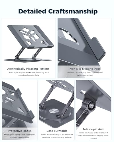 Aoviho 360° Rotating Laptop Stand for Desk | Adjustable, Foldable, Portable Aluminum Ergonomic Riser | Compatible with MacBook, Dell, HP & All Laptops 10-16 inch | Gray - color: Gray
