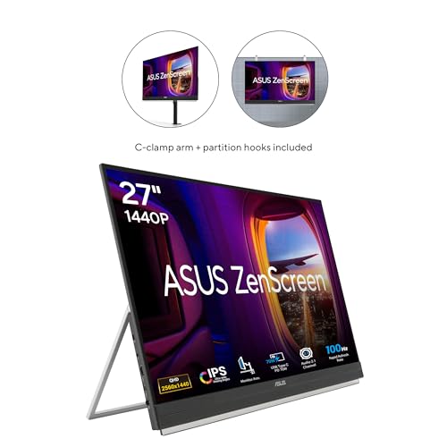 ASUS ZenScreen MB27ACF 27 Inch 1440p 100Hz USB-C Portable Monitor | USB-C PD 70W, C-clamp Arm, Speakers, Partition Hook, Kickstand, IPS, Subwoofer, Carrying Handle ,Display for MacBook and PC - style: ERROR:#N/A