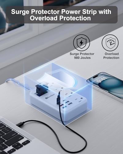 PD45W USB C Surge Protector Power Strip,6 USB Travel Extension Cord 5Ft | 45W,Travel Power Strip,6 USB (2 USB C),4 Outlets,5FT Braided Extension Cord,Flat Plug,Fast Charging for MacBook Laptops iPad - size: PD45W USB-5ft-980J