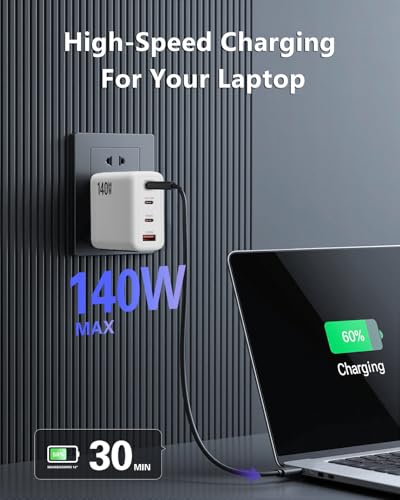 140W USB C Charger, 4-Port Foldable Compact Fast Laptop Charger Power Adapter, Advanced GaN Wall Charger, Compatible for MacBook Pro/Air, iPad Pro, iPhone 16, Galaxy S25, Steam Deck, and More (White) - color: White