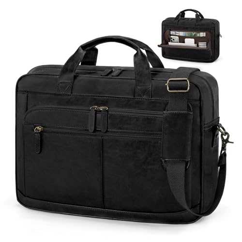 RAINSMORE Messenger Bag For Men 16” Laptop Waterproof PU Briefcase Large Vintage Satchel Computer for Work Business Travel - color: Black