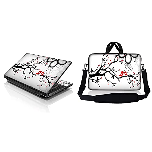 LSS 15 15.6 inches Laptop Sleeve Bag with Matching Laptop Skin Sticker Combo | Carrying Case w/Handle & Adjustable Shoulder Strap for 14" 15" 15.6" - Lovebirds Eyecatching Red On Black - color: Lovebirds Eyecatching Red on Black and White, size: 15 inch