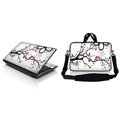 LSS 15 15.6 inches Laptop Sleeve Bag with Matching Laptop Skin Sticker Combo | Carrying Case w/Handle & Adjustable Shoulder Strap for 14" 15" 15.6" - Lovebirds Eyecatching Red On Black - color: Lovebirds Eyecatching Red on Black and White, size: 15 inch