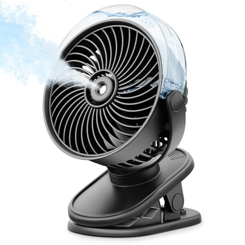 SWEETFULL Portable Misting Clip On Fan, USB-C Rechargeable Mini Personal Cooling Fan with 4 Speeds, 360° Rotatable, Quiet Cooling for Outdoor, Camping, Golf Cart, Travel, Stroller & Desk (Black) - color: Black