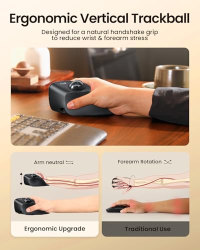 ProtoArc EM05 NL Wireless Trackball Mouse, Vertical Trackball Mouse | 62° Vertical Design Supports a Natural Wrist Posture, Connect 3 Devices Via Bluetooth/2.4G USB-A, 500mAh Rechargeable Battery - color: Gray