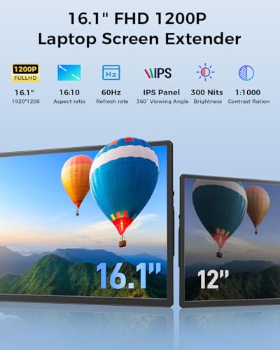Cevaton Laptop Screen Extender, 16.1" FHD 1200P Portable Monitor for Laptop with Magnetic Detachable Stand, 360° Rotatable Borderless Screen, Plug & Play, Compatible with Windows Mac - size: 16" Screen