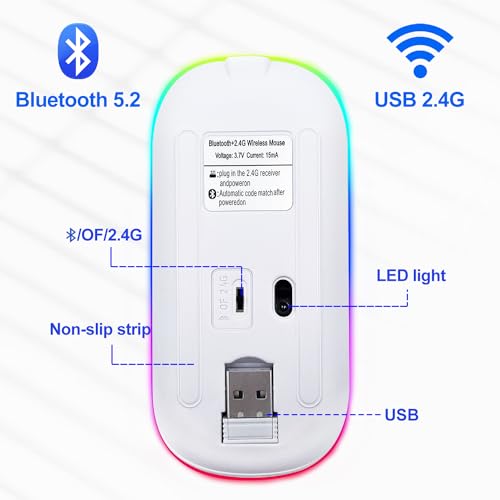 Wireless Bluetooth Mouse for iPad/MacBook Pro/Air/Laptop/pc Rechargeable Silent Mouse Portable Slim for Surface Pro/Lenovo/Samsung Tablet (LED/Jade Green) - color: LED / Jade Green