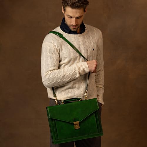 Time Resistance Leather Briefcase for Men - Business Laptop Bag - Italian Handmade Leather Bag - Attache - Gift Box Included - color: Green