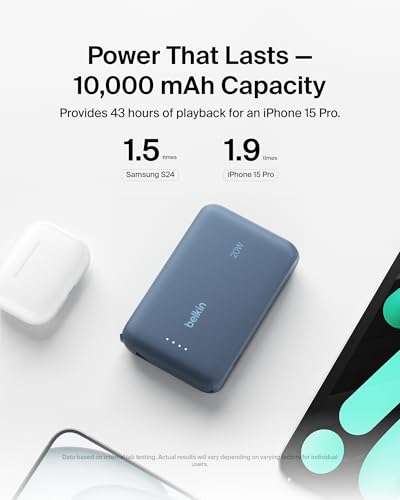 Belkin 10000mAh 20W USB C Power Bank, Portable Charger for iPhone & iPad | Fast Charging, Integrated USB C Cable, Eatra USB C Port, iPhone 17, iPad, Samsung Galaxy S26, Charge 2 Devices - color: Blue, style: 10K mAh