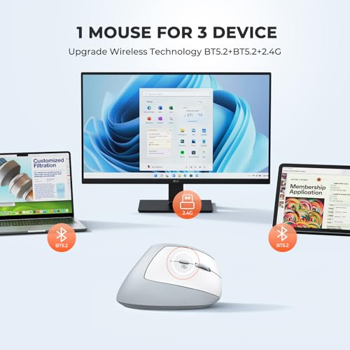 MEETION Ergonomic Vertical Mouse, Wireless Bluetooth Mouse - White | Rechargeable mouse with dual Bluetooth 5.2 and USB, 4 DPI levels (800–2400), compatible with Windows, Mac, PC and iPad - color: Right Gray