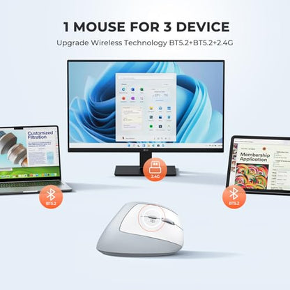 MEETION Ergonomic Vertical Mouse, Wireless Bluetooth Mouse - White | Rechargeable mouse with dual Bluetooth 5.2 and USB, 4 DPI levels (800–2400), compatible with Windows, Mac, PC and iPad - color: Right Gray