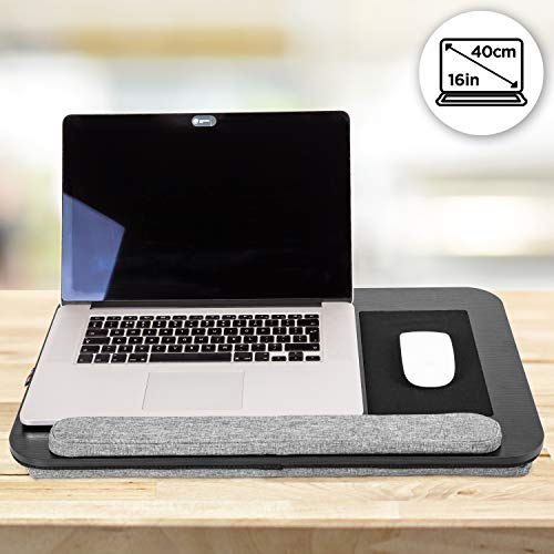 Duronic Laptop Tray with Cushion DML433 | Ergonomic Lap Desk for Bed, Sofa, Car | Built-in Mouse Pad, Wrist Pad and Tablet Holder | Black/Grey | Portable Design with Carry Handle| for Home/Office
