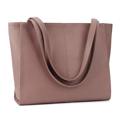 befen Genuine Leather Tote Bag for Women Work Travel Leather Purse Handbags | Real Leather, Padded 14" Laptop Compartment, Multi-Pockets, Zipper, Tote Bag for Daily - color: Pink