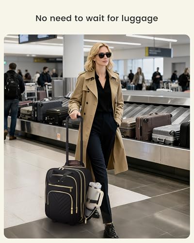 LOVEVOOK Underseat Carry On Luggage with Wheels, Stylish Under Seat Luggage with Giant Tumbler Holder Pocket, Soft Sided Small Suitcase for Travel, Work - color: Black