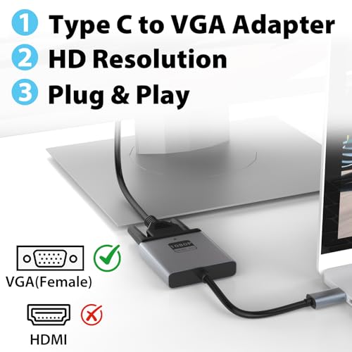 VGA to USB C Adapter, Type-C to VGA Female Video Converter Supports 1080P@60Hz, Plug & Play, Compact & Durable, Compatible with MacBook, Dell, HP, Chromebook, iPad Pro & More, No Audio