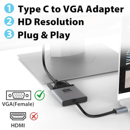 VGA to USB C Adapter, Type-C to VGA Female Video Converter Supports 1080P@60Hz, Plug & Play, Compact & Durable, Compatible with MacBook, Dell, HP, Chromebook, iPad Pro & More, No Audio