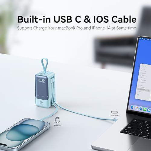 Fast Charging Power Bank 18400mAh 65W Portable Laptop Charger, LED Display, Travel Essential Battery Pack with Built-in USB-C & Lightning Cables for iPhone 16/15/14/13/12 MacBook Samsung - color: Blue