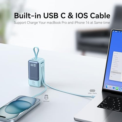 Fast Charging Power Bank 18400mAh 65W Portable Laptop Charger, LED Display, Travel Essential Battery Pack with Built-in USB-C & Lightning Cables for iPhone 16/15/14/13/12 MacBook Samsung - color: Blue