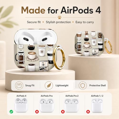 Compatible with AirPod 4 Case 2024, Cute Hard Plastic Protective Cover for Airpod 4th Generation Women, Shockproof Shell Skin with Gold Ring Keychain,Coffee Cup - color: Coffee Cup