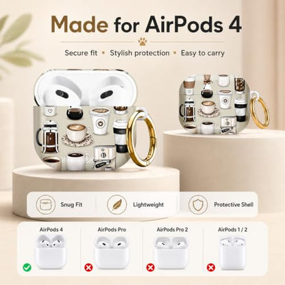 Compatible with AirPod 4 Case 2024, Cute Hard Plastic Protective Cover for Airpod 4th Generation Women, Shockproof Shell Skin with Gold Ring Keychain,Coffee Cup - color: Coffee Cup