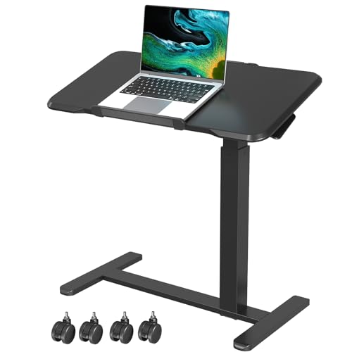180° Tilt Foldable Standing Desk 32" Bedside Table on Wheels | Pneumatic Height Adjustable Rolling Laptop Desk with 4 Hidden or Lockable Casters, Portable Overbed Table for Sofa Bed, Black - color: Black