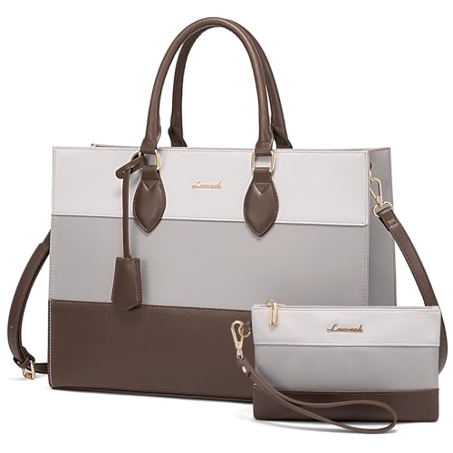 LOVEVOOK Laptop Tote Bag for Women, Work Totes Business Office Computer Briefcase with Clutch Purse - color: White-grey, size: 15.6 inch