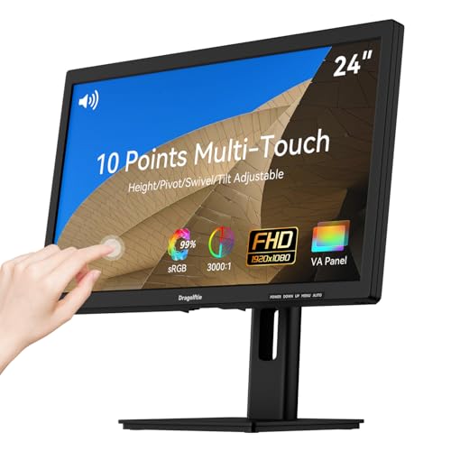 24 Inch Touchscreen Monitor VA 3000:1 Contrast PC Touch Screen 99% sRGB | Height/Pivot/Swivel/Tilt Adjustable, Computer Touch Display FHD 1920x1080P, 75Hz, HDMI, VGA, Type-B, Built-in Speakers, VESA - size: 24
