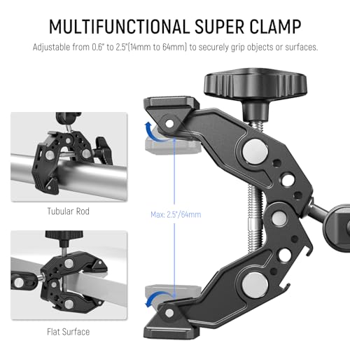 Neewer Double Super Clamp Camera Mount with Magic Arm, Cold Shoes for Desk Studio Light Stand Holder Photography Reflector, Flag, Cross Bars, Motorcycle, Umbrella, Pole Stick Shoot Accessories Tools | For Desk, Studio Light Stand Holder, Photography Refle