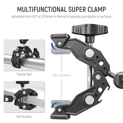 Neewer Double Super Clamp Camera Mount with Magic Arm, Cold Shoes for Desk Studio Light Stand Holder Photography Reflector, Flag, Cross Bars, Motorcycle, Umbrella, Pole Stick Shoot Accessories Tools | For Desk, Studio Light Stand Holder, Photography Refle