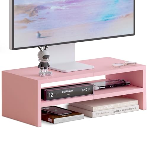 DS502P TEAMIX 20 inch Pink Monitor Riser Stand - 2 Tiers, Wood Desktop Bookshelf - color: Pink, size: 20 x 9.5 x 6.7 inches