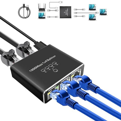 1000Mbps Ethernet Splitter 1 to 4 High Speed(4 Devices Simultaneously Networking), Gigabit Internet Splitters 1 in 4 Out, LAN Splitter with USB Power Cable, RJ45 Splitters for Cat5/5e/6/7/8 Cable - style: 1to4