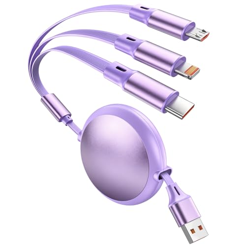 Multi Charging Cable, 3 in 1 Retractable Multiple Charger Cord, Retractable Car Charger Cable with Type C/L/Micro USB Ports for Cell Phones/Galaxy/PS/Tablets/Pads, Car Accessories for Women - color: Purple