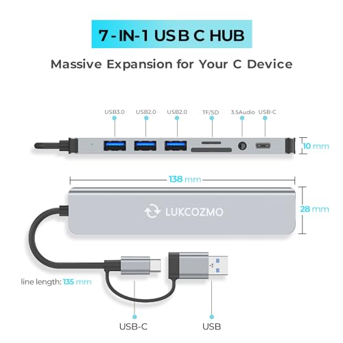 7 in 1 USB C Hub with USB 3.0 Splitter, 4 USB Ports & SD/TF Card Reader | Compatible with MacBook, iPad Pro, Dell, HP Laptops, Audio Output, Plug and Play, No Driver Needed, Aluminum Alloy Housing - color: Compatible for Apple, grey