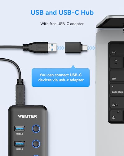 Powered USB 3.0 Hub, Wenter 6-Port USB Hub Splitter (4 Faster Data Transfer Ports+ 2Pcs 36W QC Charging Ports) with Individual LED On/Off Switches, USB Hub 3.0 Powered with Power Adapter - color: 4+1A+1C