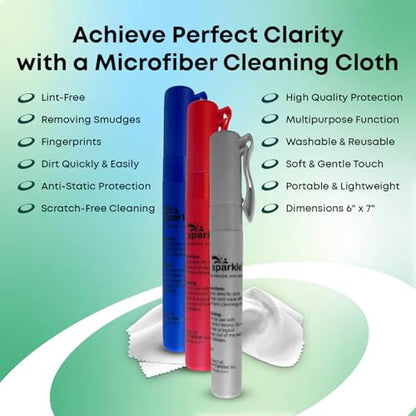 Sparkle Anti-Reflective Safe Pen Lens Cleaner Spray kit - (3) 0.3oz Glasses Cleaner Pen Spray & (2) Microfiber Cloth for Eyeglasses, Sunglasses, Lenses, Screens and Camera Cleaning Kit (5 Piece Set)