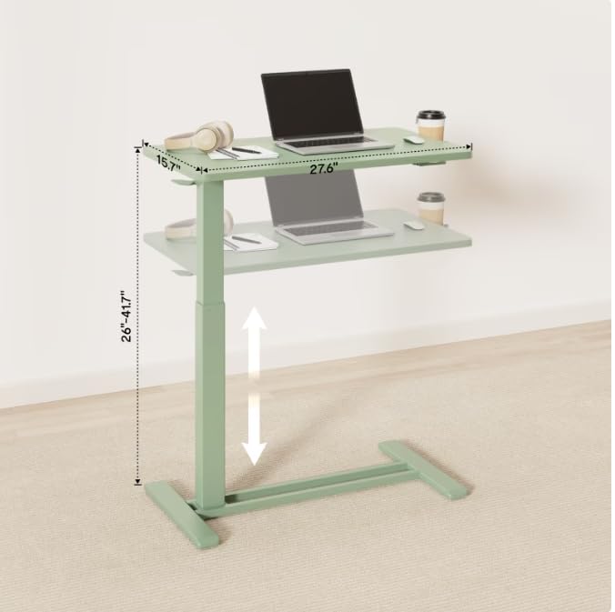 FLEXISPOT H7 28" Pneumatic Height-Adjustable Overbed Table with Wheels | C-shaped bedside table TV Tray,Medical End Side Table,Laptop desk for sofa and home office use,27.6"W x 15.7"D,Mint Green - color: Mint Green, size: Small