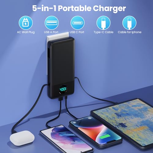 Portable Charger 33800mAh USB C Power Bank with Built-in Cables & AC Wall Plug,25W Fast Charging+QC 4.0 Phone Charger,4 Output Travel Essentials Battery Pack for iPhone16/15/14/13,Samsung,Android etc