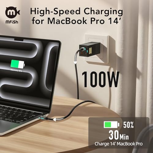100W USB-C Charger with Extension Line, Fast Laptop GaN Charging, 4-Port USB-C & USB-A Wall Charger Power Adapter Ports for MacBook, Dell XPS, iPhone 17/16/15 Pro Max, Tablet 6-in-1 Power Strip