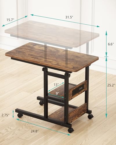 Height Adjustable End Table with Charging Station, Mobile C Shaped Laptop Side Table with Wheels, 3-Tier Sofa Couch Table with Storage Shelve for Living Room Bedroom, Rustic Brown - color: Rustic Brown