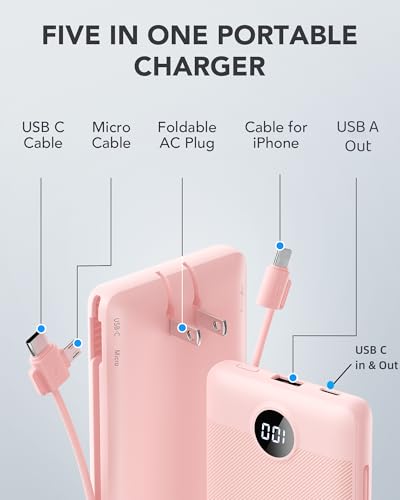 VRURC Portable Charger, Power Bank Built-in Cables and AC Wall Plug | USB C Power Bank 10000mAh Travel Essentials Phone Charger Compact External Battery Pack For Smart Phones, Tablets etc-Pink - color: Pink
